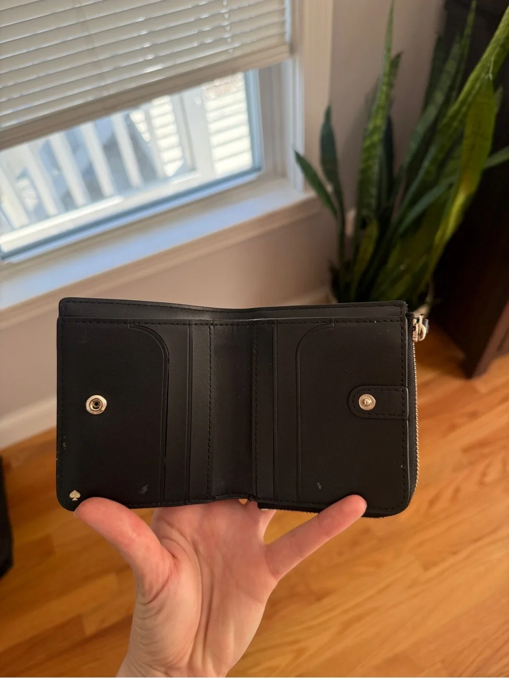 kate spade Black Saffiano Zip Around Wallet with Gold Logo